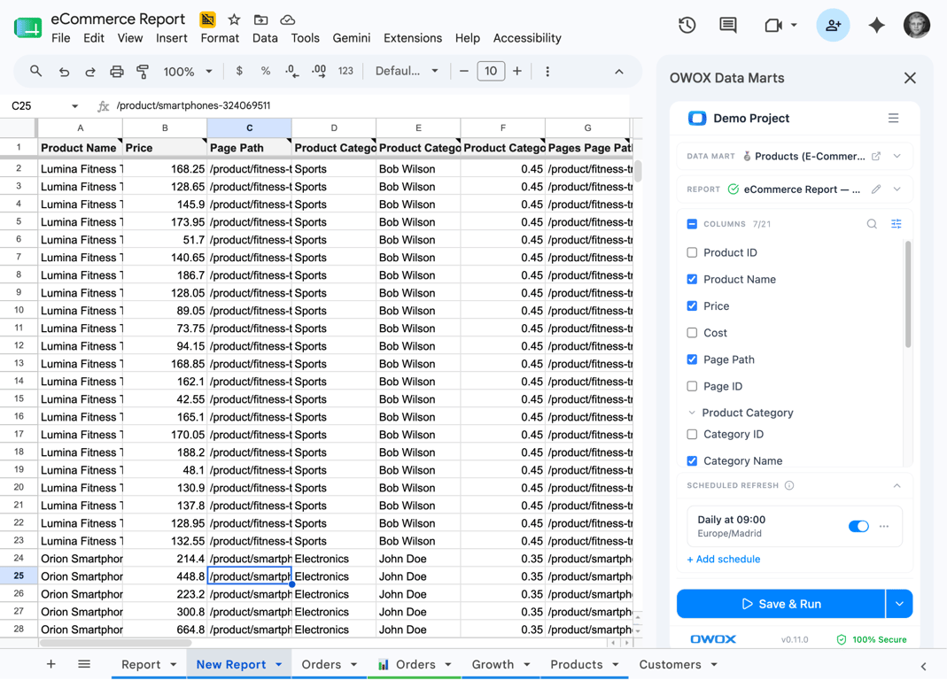 Business user browsing available data marts and selecting columns in the OWOX Google Sheets Extension