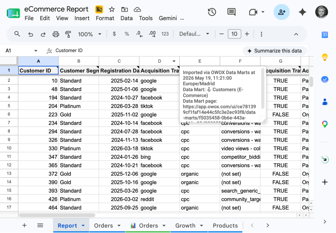 Configuring Google Sheets as a destination for a Databricks data mart in OWOX