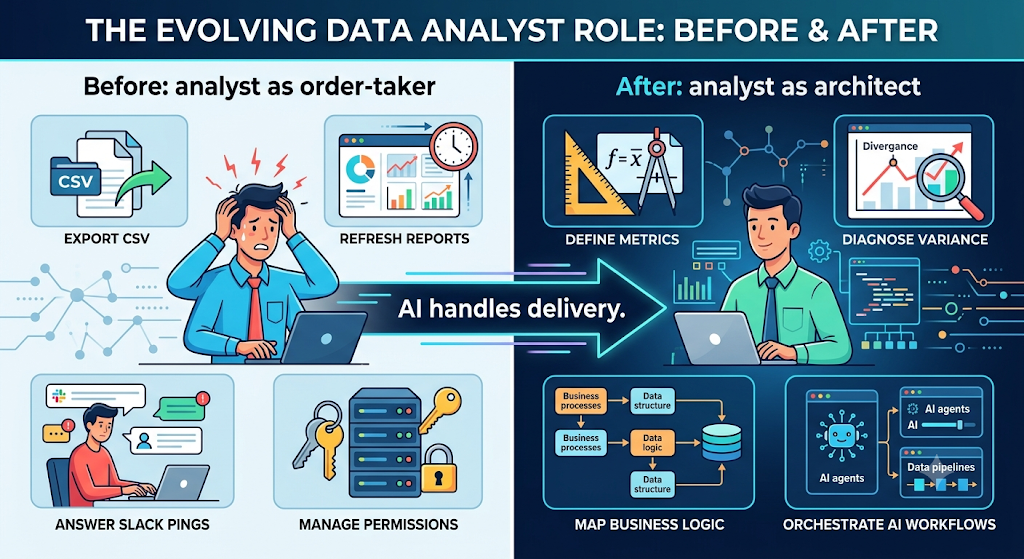 How AI automation shifts analysts from order-takers doing manual exports to architects who define metrics and govern data quality