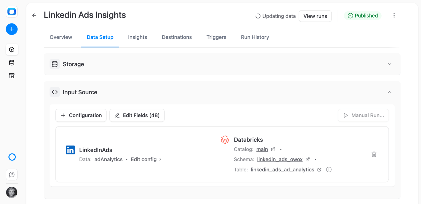 OWOX data mart publish screen showing LinkedIn Ads to Databricks pipeline configuration summary