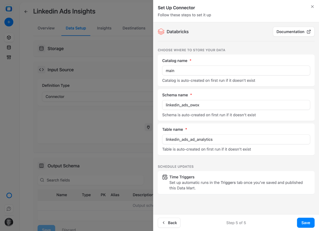  OWOX Databricks destination configuration with catalog, schema, and table prefix settings