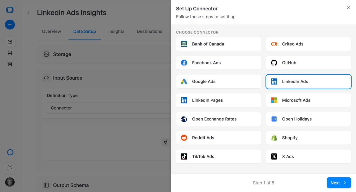 OWOX connector library showing LinkedIn Ads among available data source connectors