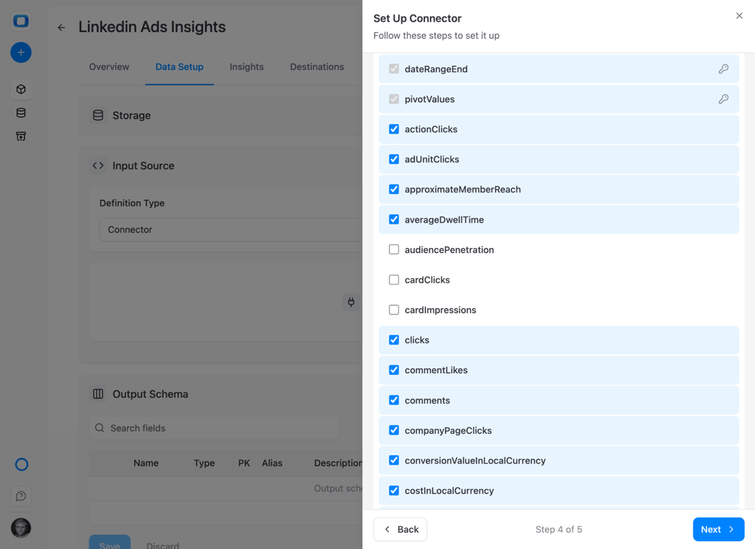 OWOX LinkedIn Ads field selection for customizing which data columns import into Databricks