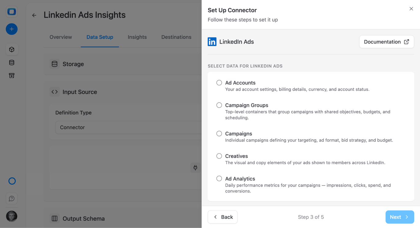 OWOX LinkedIn Ads endpoint selection showing available API resources for Databricks import