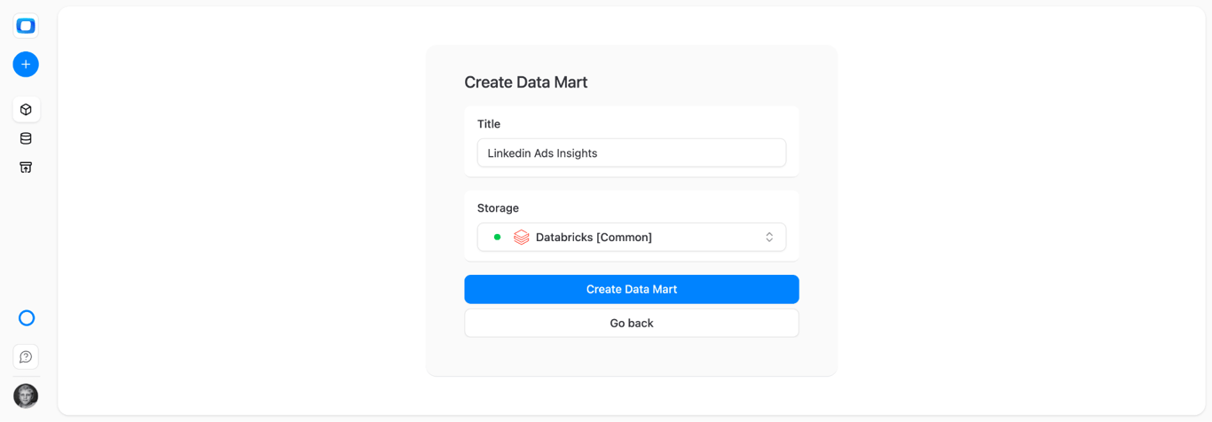  OWOX Data Marts page with Create Data Mart button for setting up LinkedIn Ads connector