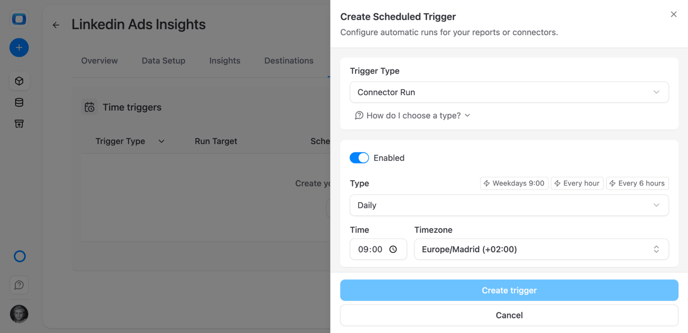 OWOX data mart scheduling options for LinkedIn Ads to Databricks refresh frequency