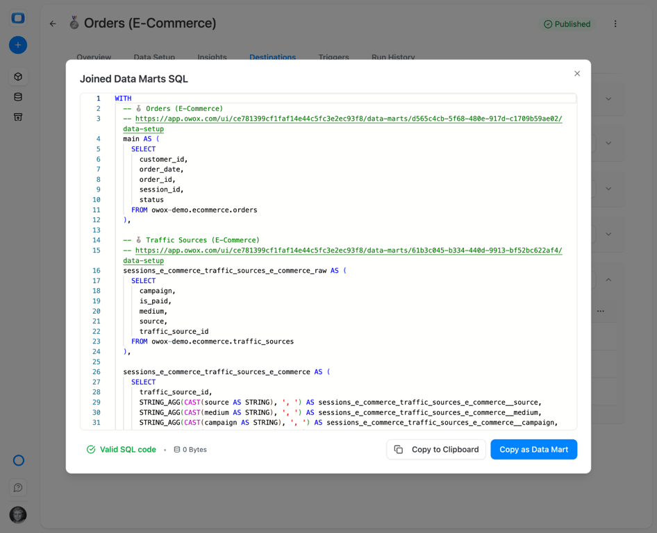 OWOX Data Mart library with governed datasets showing metadata, ownership, and refresh schedules