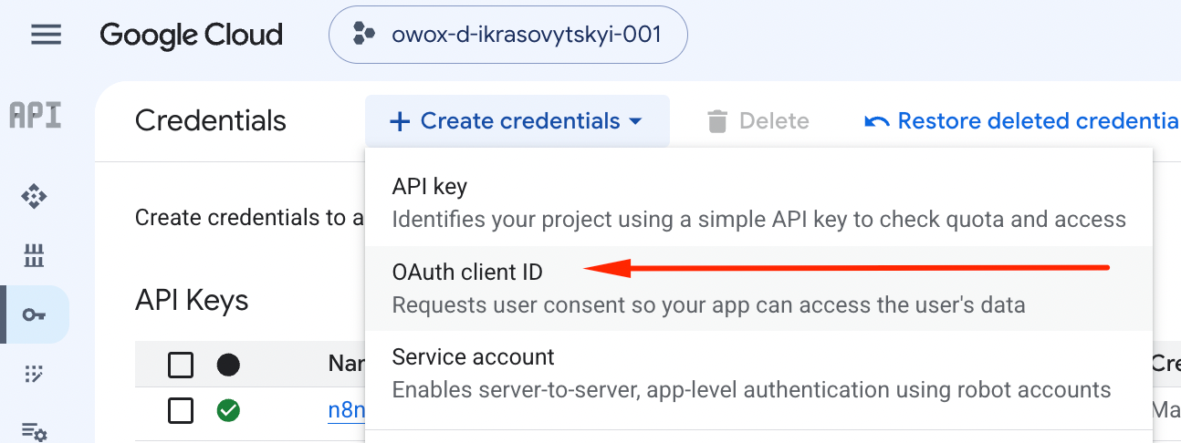 Connect BigQuery MCP Claude - APIs & Services → Credentials and create a New Credential → Select OAuth client ID