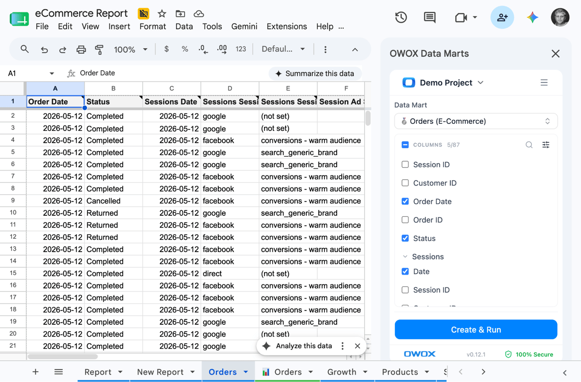 OWOX Google Sheets Extension column picker showing a marketer selecting campaign, spend, and revenue columns with date and channel filters