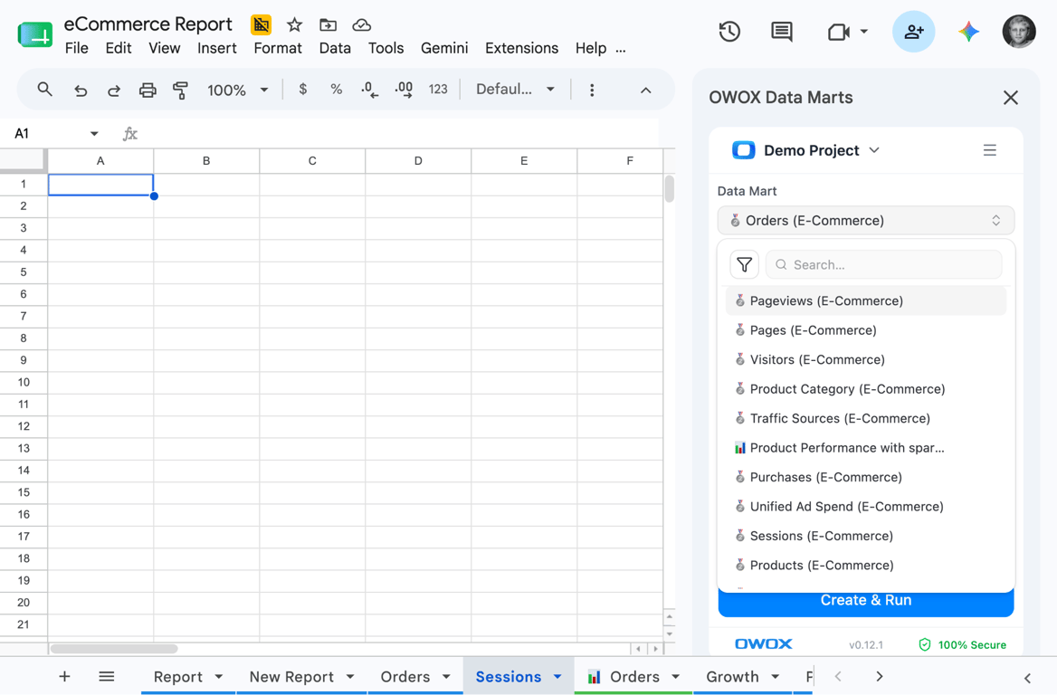 OWOX Data Marts in Google Sheets showing a marketer pulling ROAS by channel from joined campaign and revenue data marts
