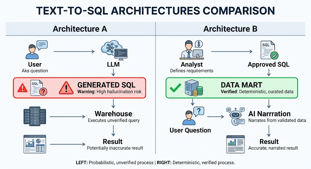 Architecture comparison showing hallucination-prone AI-generated SQL vs hallucination-free deterministic SQL with pre-approved data marts
