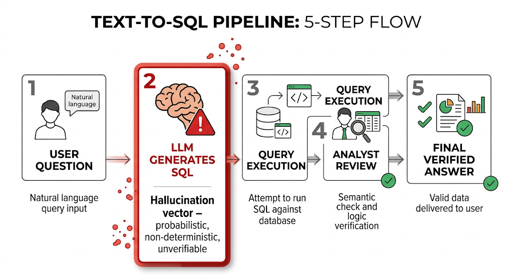 Text-to-SQL pipeline flowchart highlighting the LLM SQL generation step as the hallucination vector in AI analytics