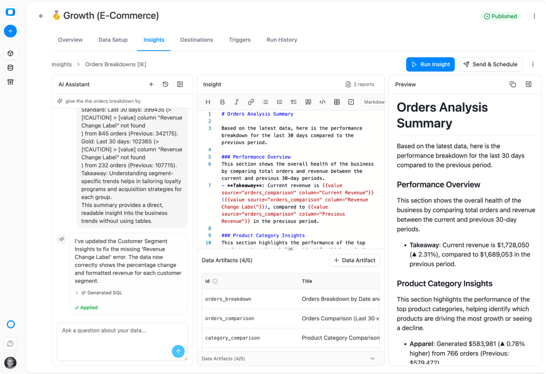 OWOX AI Insights showing deterministic SQL query execution with full audit trail and natural language narration