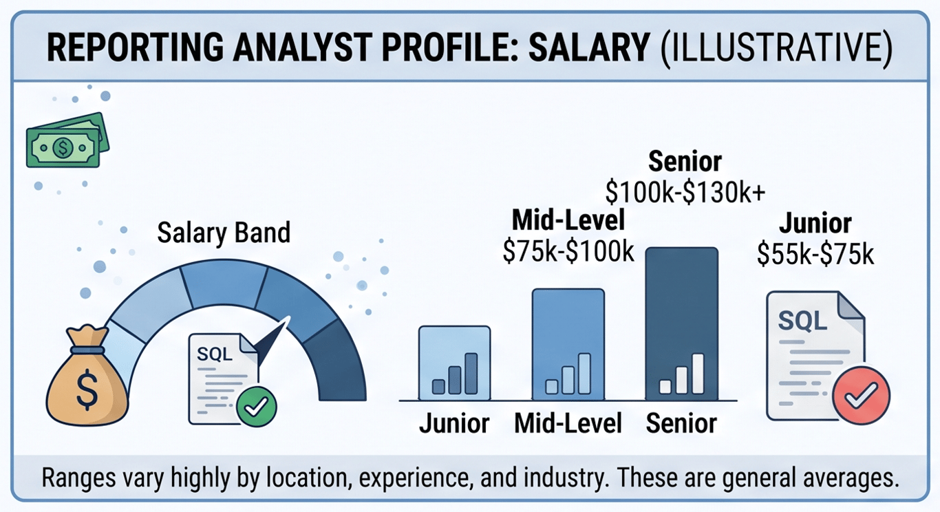 Reporting analyst profile infographic showing salary range of $70K–$120K, top tools SQL Excel Looker Tableau, and daily activity breakdown