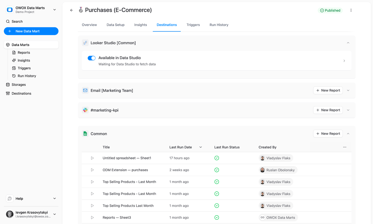 OWOX spreadsheet reporting pushes data mart results directly to Google Sheets on schedule