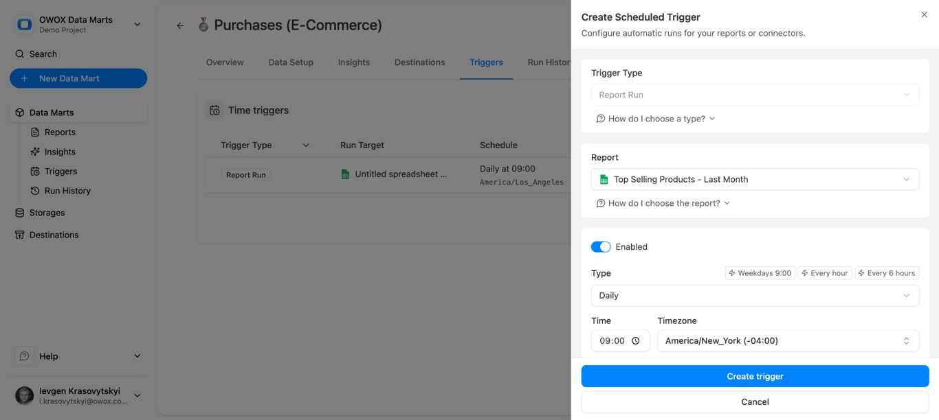 OWOX triggers run data marts on schedule or on event, handle dependencies between data marts, manage retries on failure, and notify the team when something needs attention.