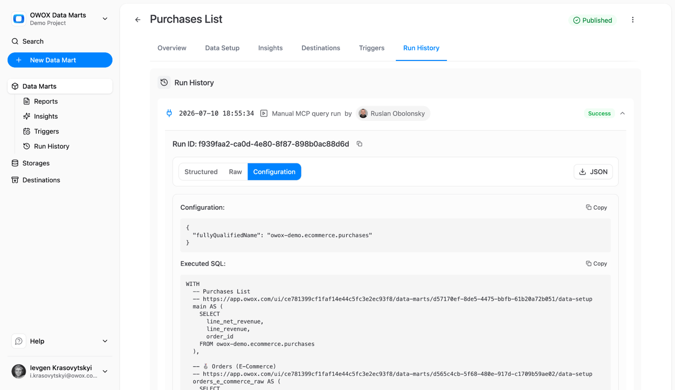 Run History in OWOX Data Marts listing every AI query executed against governed data marts, the audit trail that lets the data analyst verify exactly what the AI assistant ran