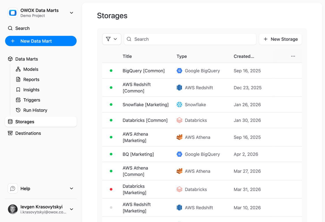OWOX Storages screen showing a customer-owned data warehouse connected as the system of record.
