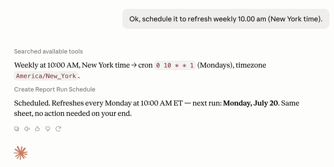 OWOX MCP scheduling a weekly Monday 10am refresh of the hand-off Google Sheet, confirming the same sheet updates with no manual action.