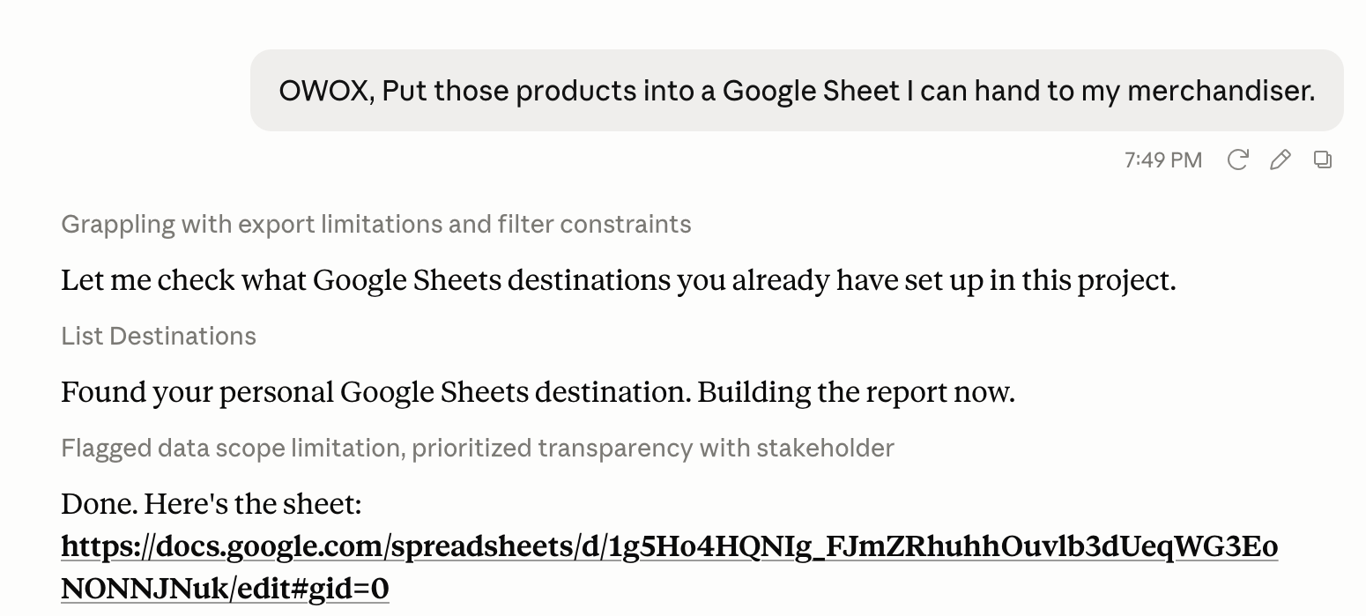 OWOX MCP finding the pre-configured Google Sheets destination and returning a link to the newly created hand-off report.