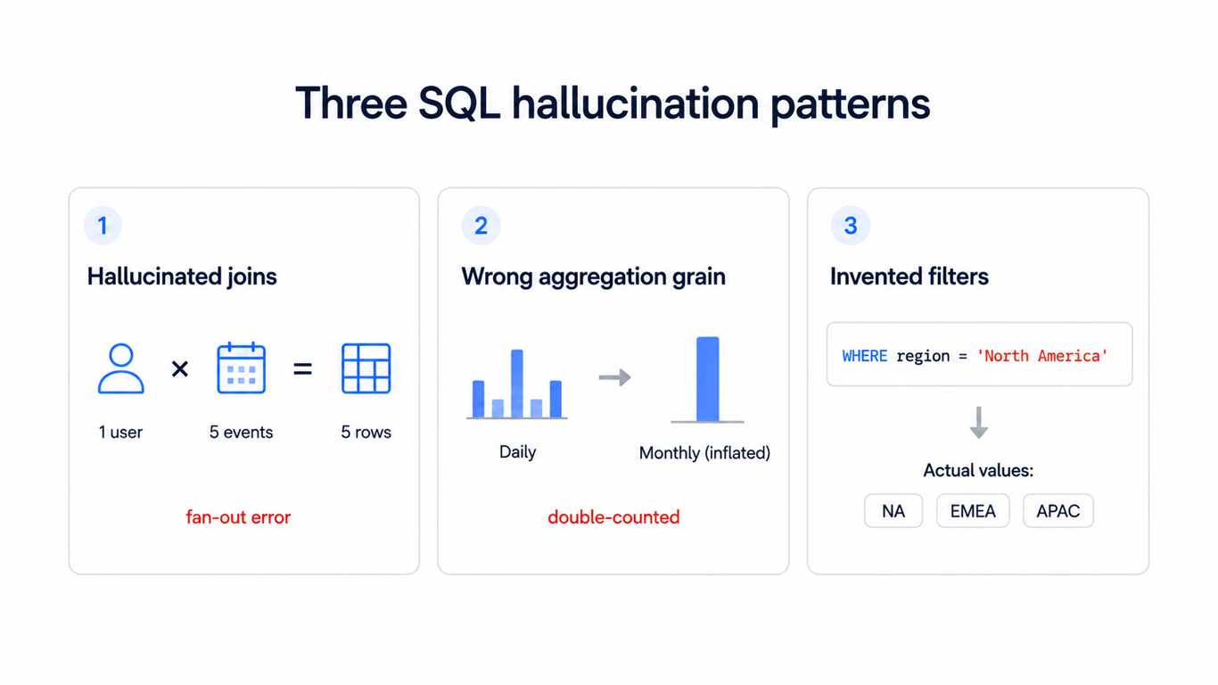 Three types of AI SQL hallucinations illustrated with examples showing hallucinated joins creating data fan-out, wrong aggregation grain causing double-counting, and invented filters returning incorrect empty results